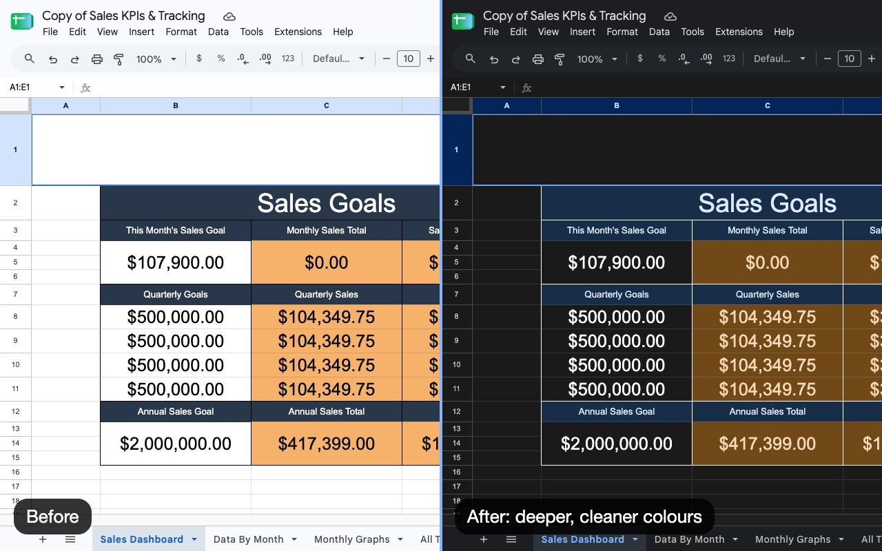 Google Sheets before and after dark mode