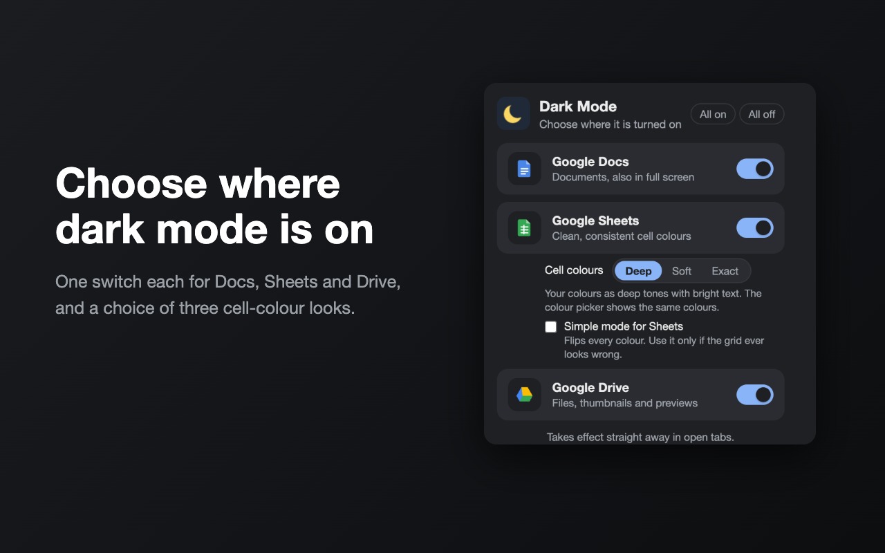 The toolbar popup with a switch for Docs, Sheets and Drive